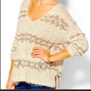 Free People V Neck Fuzzy Tan Striped Sweater